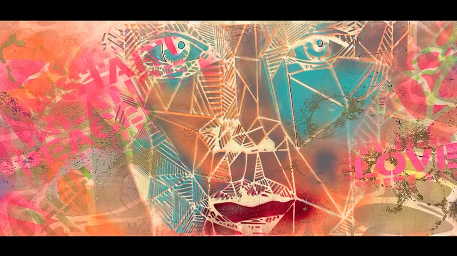 Abstract face with colorful geometric patterns.
