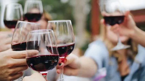 People toasting with red wine glasses outdoors.