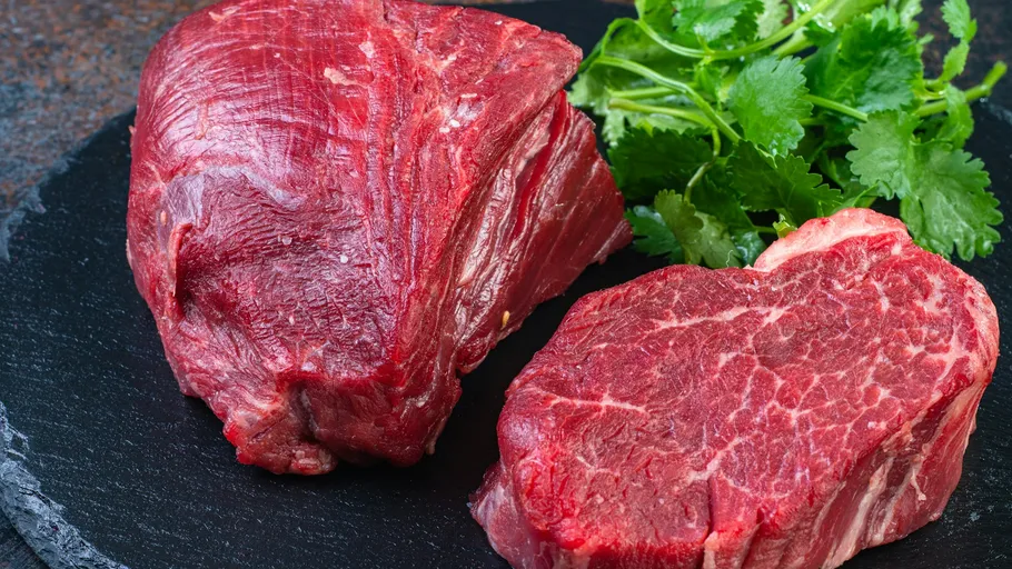 Rohes Rindfleisch mit Koriander auf Schieferplatte.