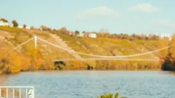 Schrägseilbrücke über ruhigen Fluss in sonniger Landschaft.