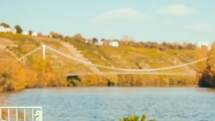 Schrägseilbrücke über ruhigen Fluss in sonniger Landschaft.