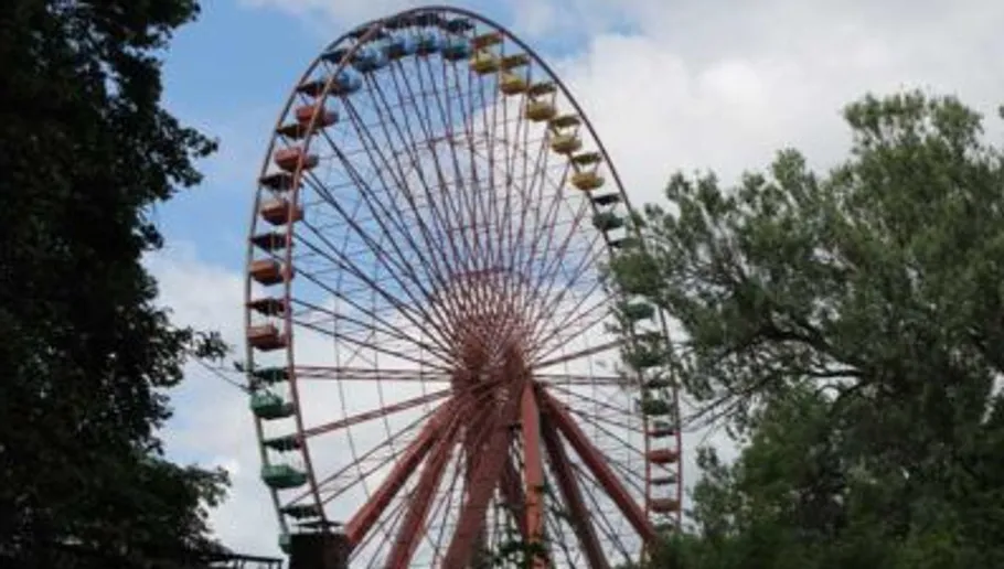 Ferris wheel towering over trees, cloudy sky.