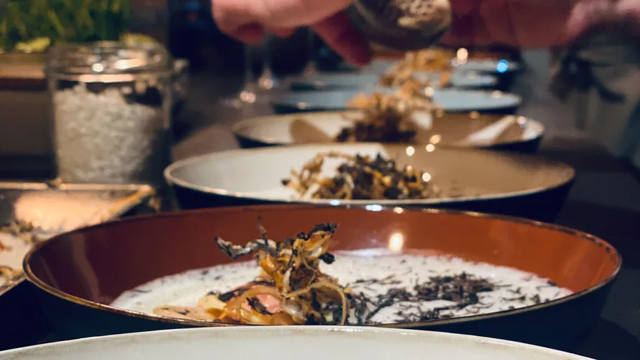 Hand sprinkling seasoning over plated dishes.