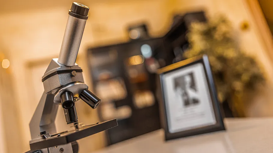 Microscope on table in a room.