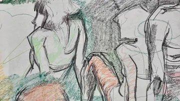 Skizze von sitzenden Personen mit bunter Schattierung.