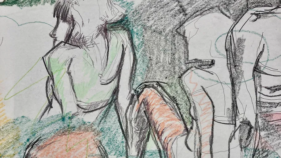 Sketch of seated people with colorful shading.