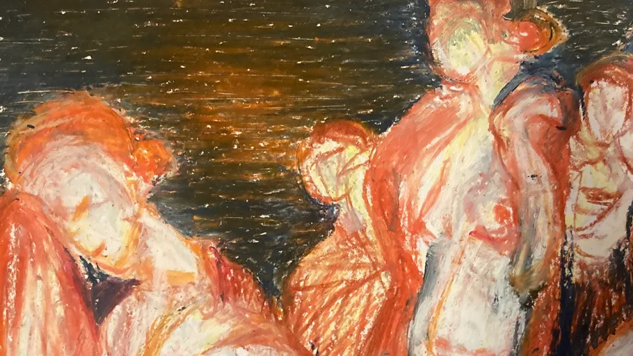 Abstrakte Figuren in lebendigen Orangetönen.