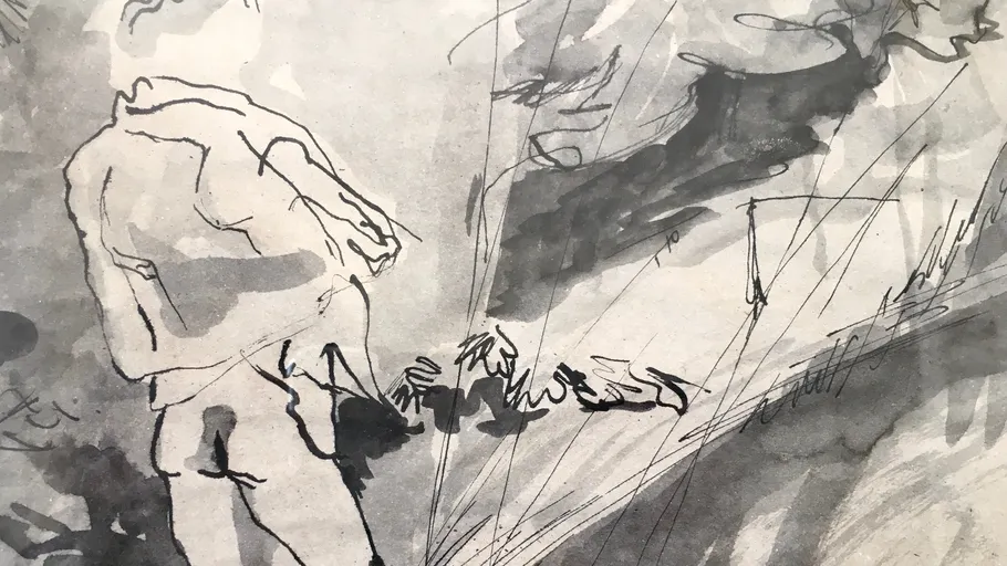 Sketch of person standing in abstract landscape.