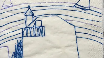 Blaues Schloss-Skizze auf einem Taschentuch.