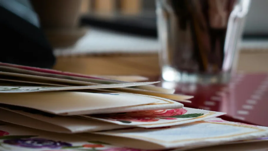 Stack of letters with floral designs.