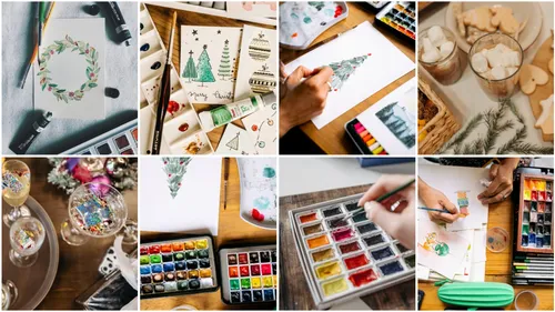 Collage von Weihnachts-Aquarellmalerei und Leckereien.