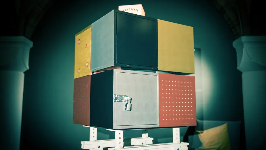 Colorful cube with lock in a dark room.