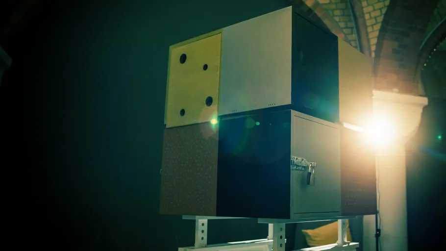 Modular cabinets with lighting in an industrial space.