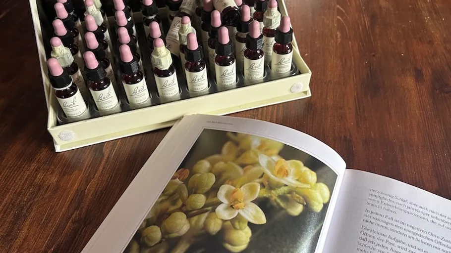 Bottles with droppers beside open book on wood.