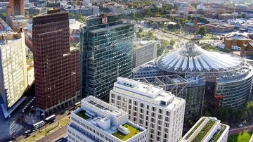 Aerial view of modern high-rise buildings.