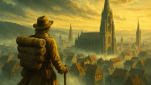 Traveler overlooking misty medieval town with cathedral.