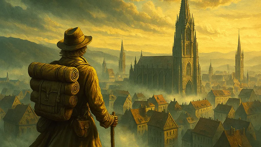 Traveler overlooking misty medieval town with cathedral.