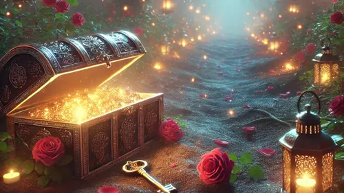 Treasure chest glowing on rose-petal path.