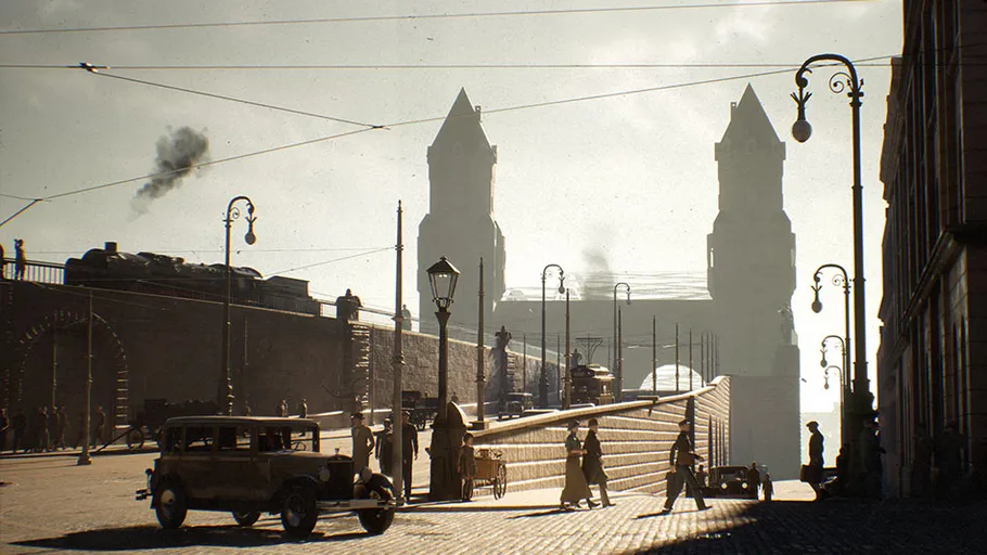Vintage cars and pedestrians on cobblestone street.