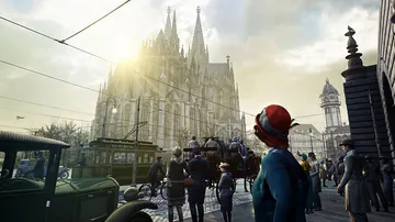 People observing cathedral in bustling city street.