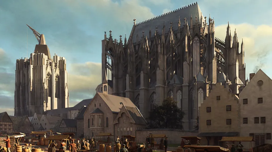Large cathedral under construction, medieval setting.