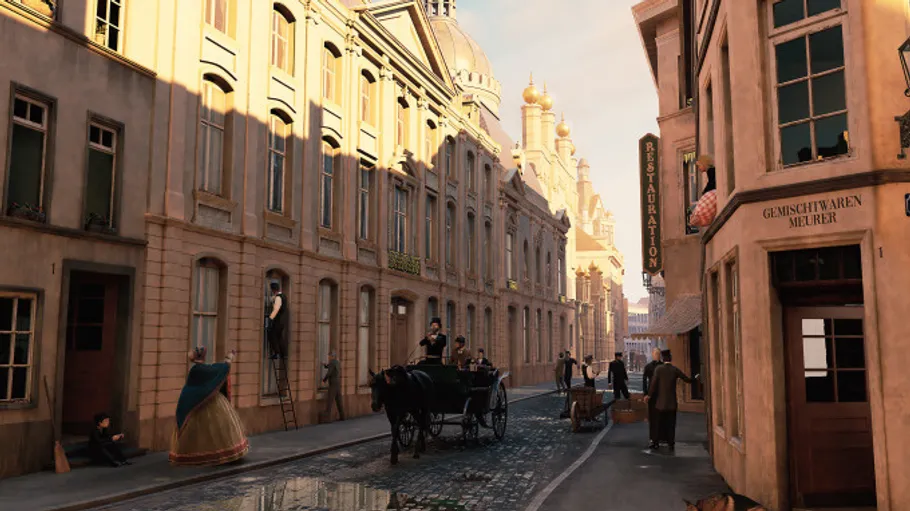 Horse-drawn carriage on narrow cobblestone street.