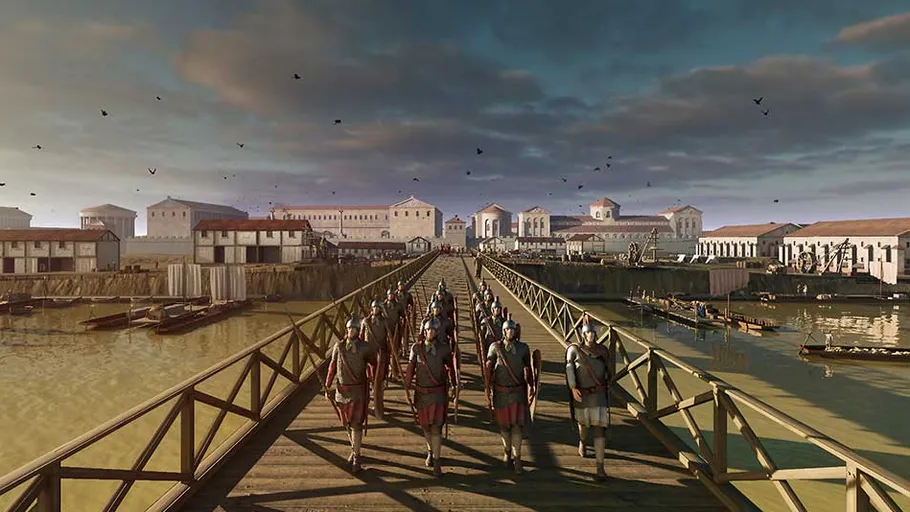 Roman soldiers crossing a wooden bridge.