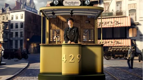 Historische Straßenbahn 429 mit Schaffner, Stadt Hintergrund.