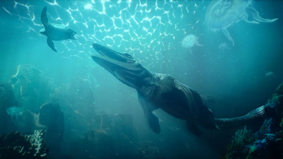 Uraltes Meeresreptil schwimmt unter Wasser mit Quallen.