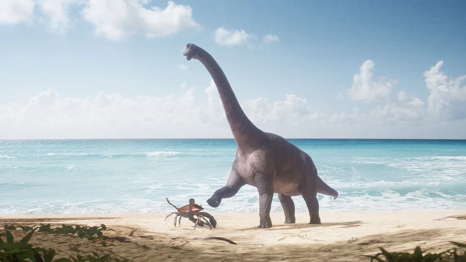 Dinosaurier und Krabbe am Sandstrand.