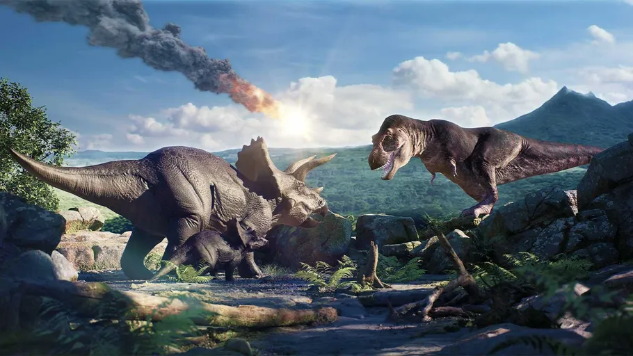 Dinosaurier stehen gegenüber, Meteor nähert sich, grüne Landschaft.