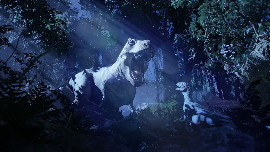 Zwei Dinosaurier in einem mondbeschienenen Wald.