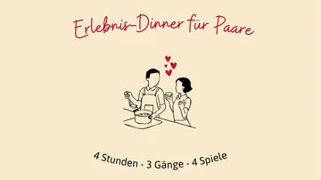 Couple cooking with hearts, promotional text.