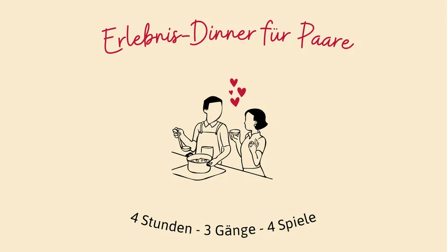 Paar beim Kochen mit Herzen, Werbetext.