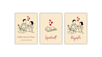 Couple cooking, book with hearts, labeled games, recipes.