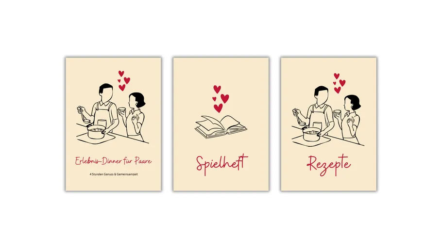 Couple cooking, book with hearts, labeled games, recipes.