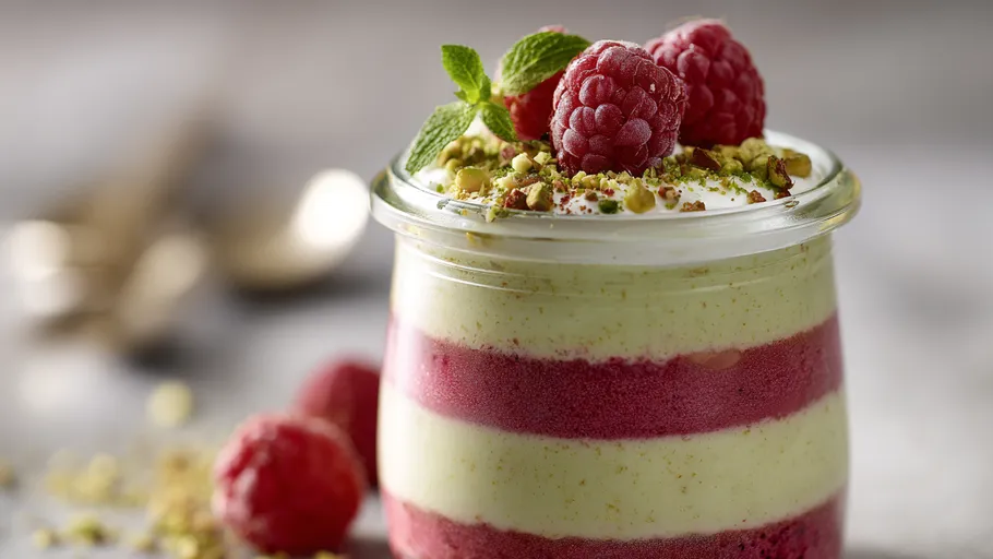 Geschichtetes Dessert mit Himbeeren im Glas.