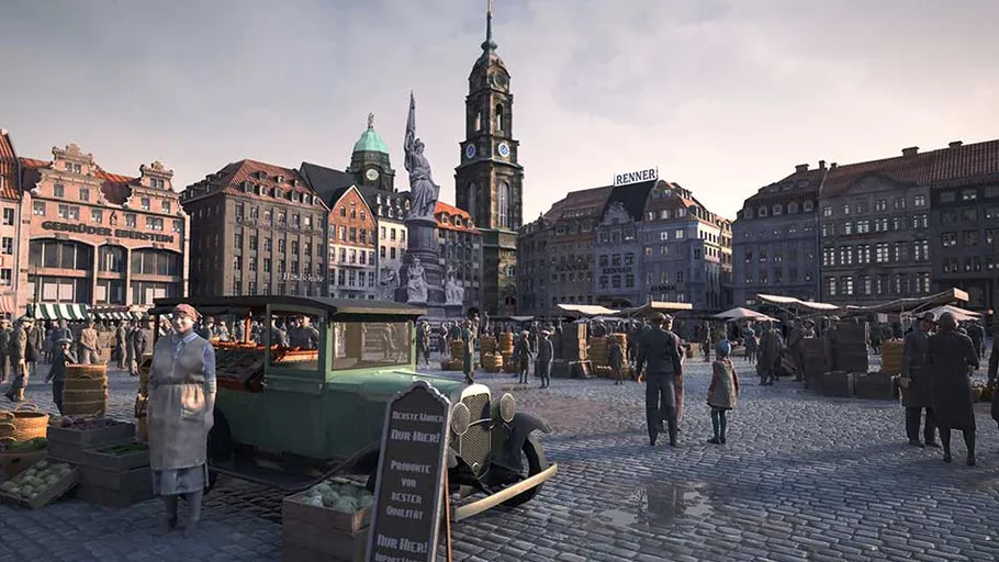 Oldtimer auf belebtem historischen Stadtplatz.