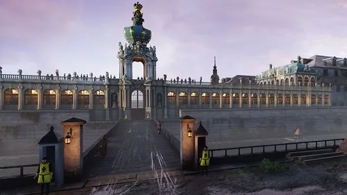 Majestätischer Palast mit Brücke, Abenddämmerung.