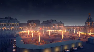 Illuminated historical square with event at night.