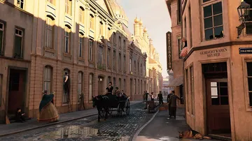 Horse-drawn carriage on a cobblestone street.