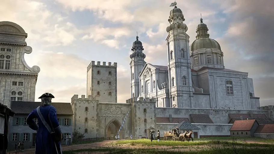 Historischer Soldat beobachtet große Kathedrale.