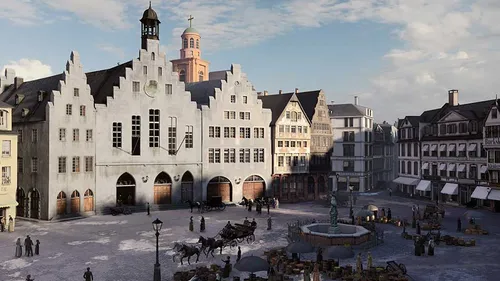 Historischer Platz mit Gebäuden, Brunnen und Menschen.
