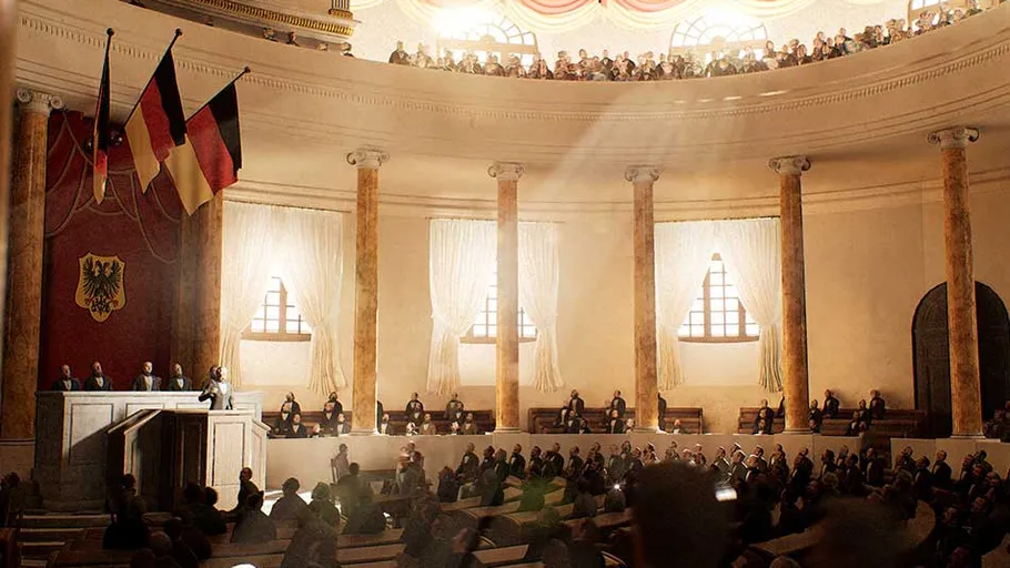 Historical assembly in grand hall with flags.