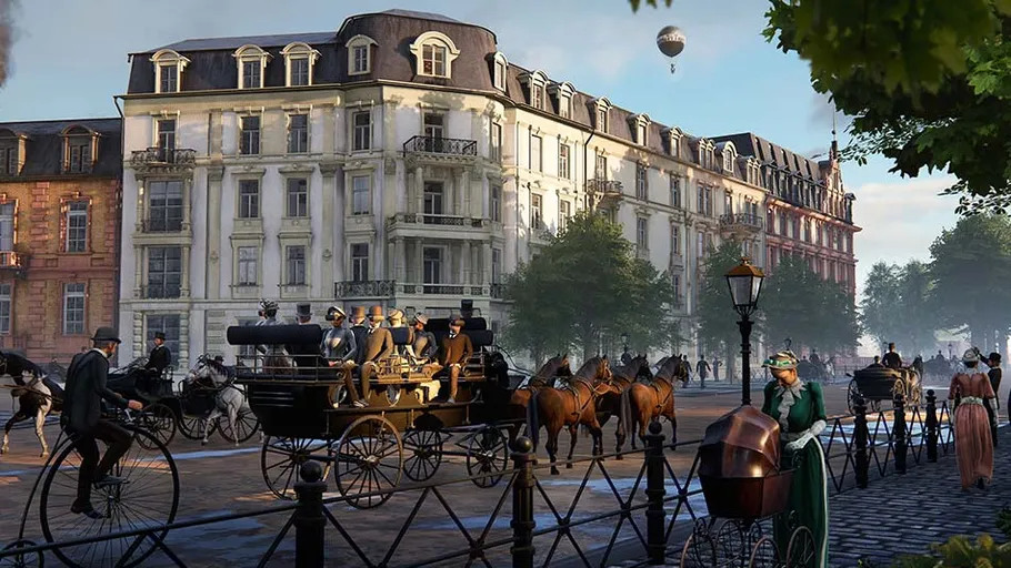 Historical street with carriages and bicycles.