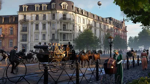 Horse-drawn carriages and people in historical city street.