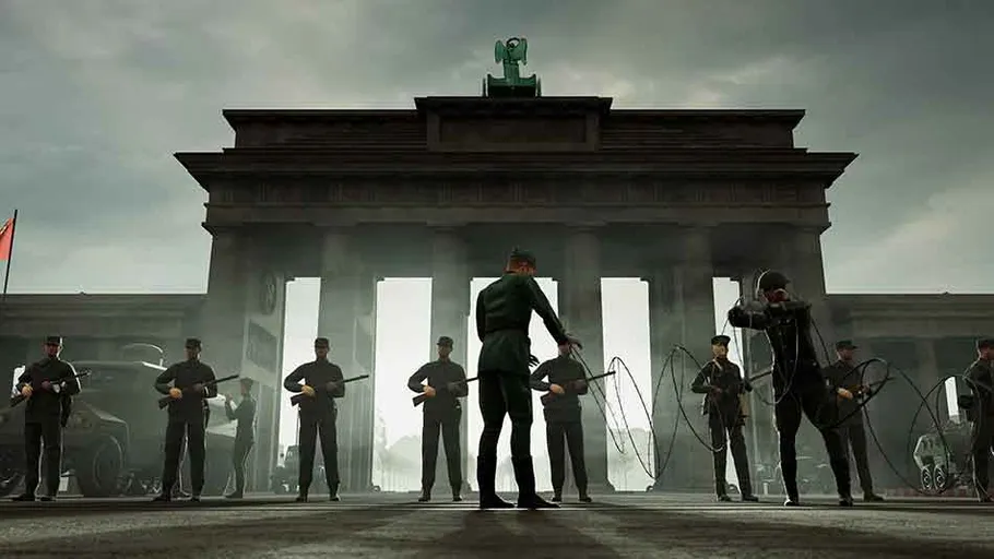 Soldaten vor dem Brandenburger Tor verlegen Drähte.