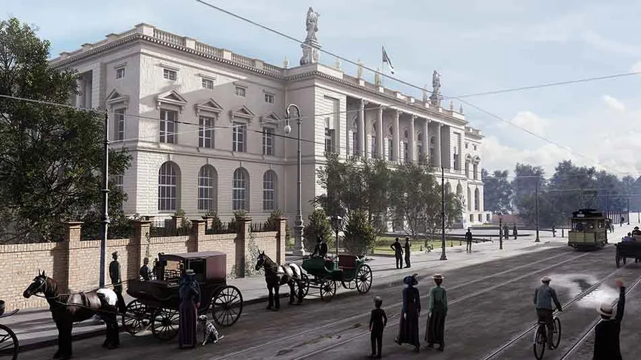 Historische Straße mit Kutschen und Gebäude.