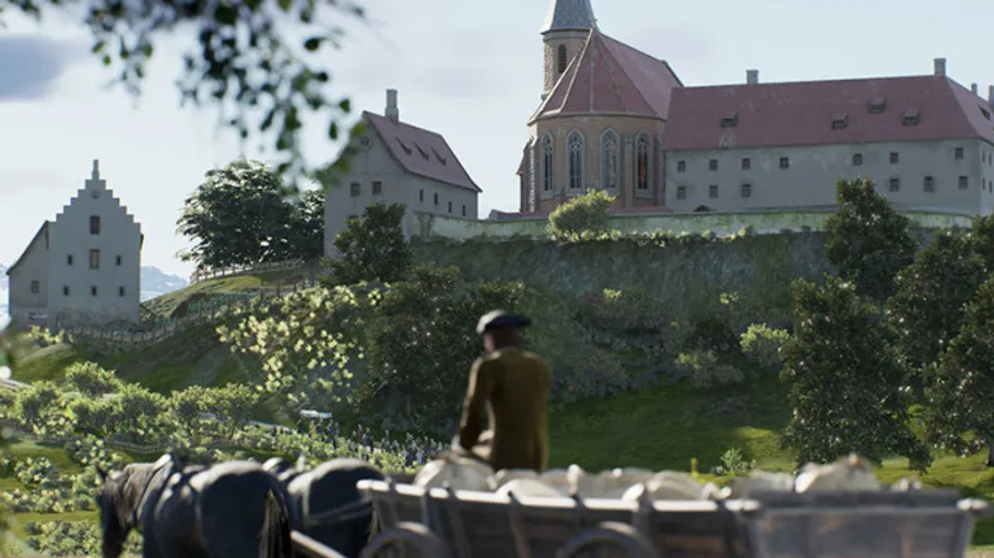 Person on horse-drawn cart near historic buildings.