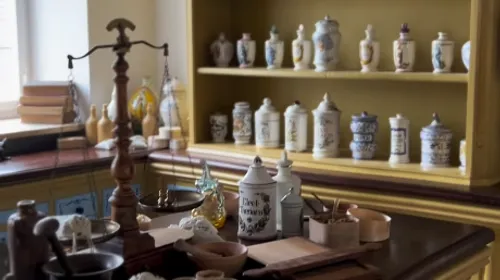 Antique pharmacy jars and scales in vintage setting.